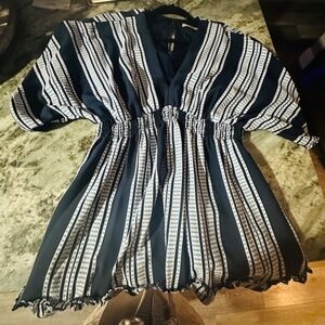 Pretty TaylorWhite/Blue Womens Striped V-Neck Gathered Waist and Ruffled Dress 4
